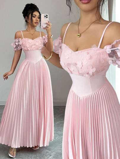 Elenzga Women's Spring/Summer New Elegant Romantic French Sweet Pure Dress, High-End 3D Floral Design, Pleated Waist-Cinching A-Line Dress, Pink One-Shoulder