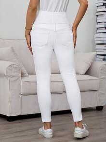 SHEIN 高弹力修身针织束腹带休闲时尚破洞紧身牛仔裤春夏狂欢节服装通勤度假毕业时尚Y2K可爱街头风派对婚礼优雅商务休闲女士时尚白色破洞孕妇牛仔裤紧身款适合准妈妈白色破洞孕妇牛仔裤高腰托腹孕妇裤弹力紧身孕妇牛仔裤春假必备孕妇牛仔裤复活节时尚孕妇牛仔裤春季通勤风格 - 白色 - 查看 2