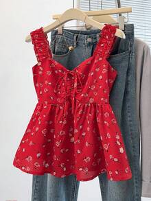 Franclia Áo tank top không tay dáng rộng thắt eo họa tiết hoa nhí ngọt ngào dành cho nữ, áo hai dây họa tiết hoa đỏ mặc hàng ngày, áo hai dây họa tiết hoa nhí đỏ cho mùa lễ hội. - Đỏ - Xem 6