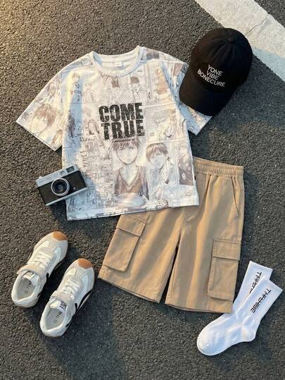 2pcs Tween Boy Comfortable Loose Round Neck Korean Style Graphic Tee And Contrast Trim Cargo Shorts Set, Suitable For Summer Casual, Sports, Vacation, Party, School, Fashion Street Style