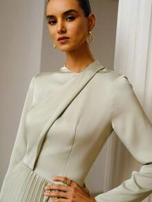 ZEYLAH Asymmetric Neck Pleated Long Sleeve Satin Dress, Spring/Summer - Green - View 6