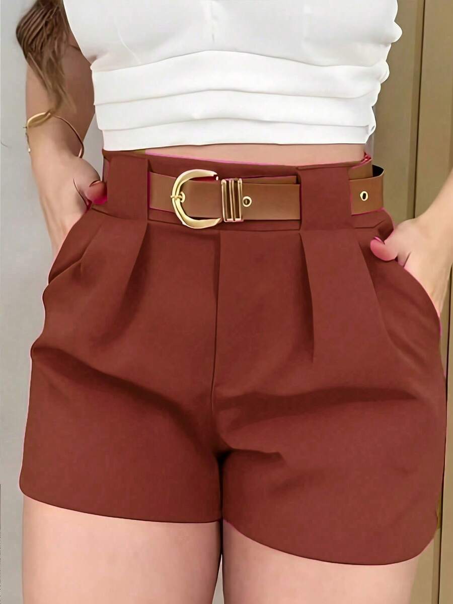 VaVaBold Women's Casual Everyday & Work Commute Solid Color Pleated Pocket Shorts, Without Belt - Redwood - View 1
