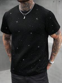Manfinity Homme 男士休閒寬鬆短袖T恤，黑色與銀色優雅夏季夜店閃亮水鑽鑽石上衣，街頭風派對款 - 黑色 - 查看 8