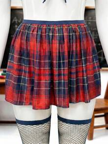 6pcs/Set Women's Costume Chiffon Plaid Print School Style Short Sleeve Pleated Dress With Fishnet Stockings And Tie - Multicolor - View 10