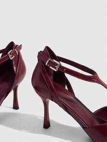 CUCCOO SZL Sapato de salto alto feminino com bico fino, fivela decorativa e cadarço vazado. - Borgonha - Ver 10