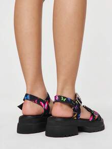 ROMWE Women's Summer Open Toe Dark Rock Punk Goth Roman Beach Sandals, Star Strap Platform Wedge Sandals Spring Shoes Spring Break Easter, Halloween For Christmas Y2K 2000s Style - Black color - View 5