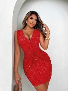 Xyvia 女士春夏新款优雅黑色性感派对鸡尾酒礼服，适合情人节、婚礼季等场合，采用金属箔设计，扭褶工艺，无袖修身迷你连衣裙 - 紅色 - 查看 6