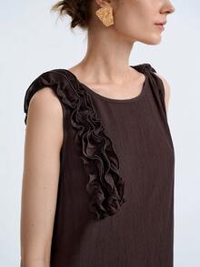 Aalyst Women's Summer Casual Vacation Dark Brown Sleeveless A-Line Dress,High-Quality Pleated Fabric,Ruffle Design Beach Outfit For Party Daily Gathering - Brown - View 3