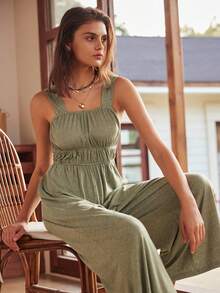 Bohemian Style Casual Vacation Women Jumpsuit - Olive Green - View 6