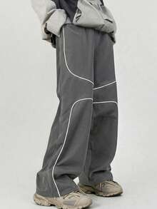 SHEIN Mirajuku 一件式青少年男童街头风都市风格撞色白色缝线细节宽松阔腿工装裤，带侧袋，舒适休闲时尚，适合日常穿着，街头潮流春秋季款 - 灰色 - 查看 1