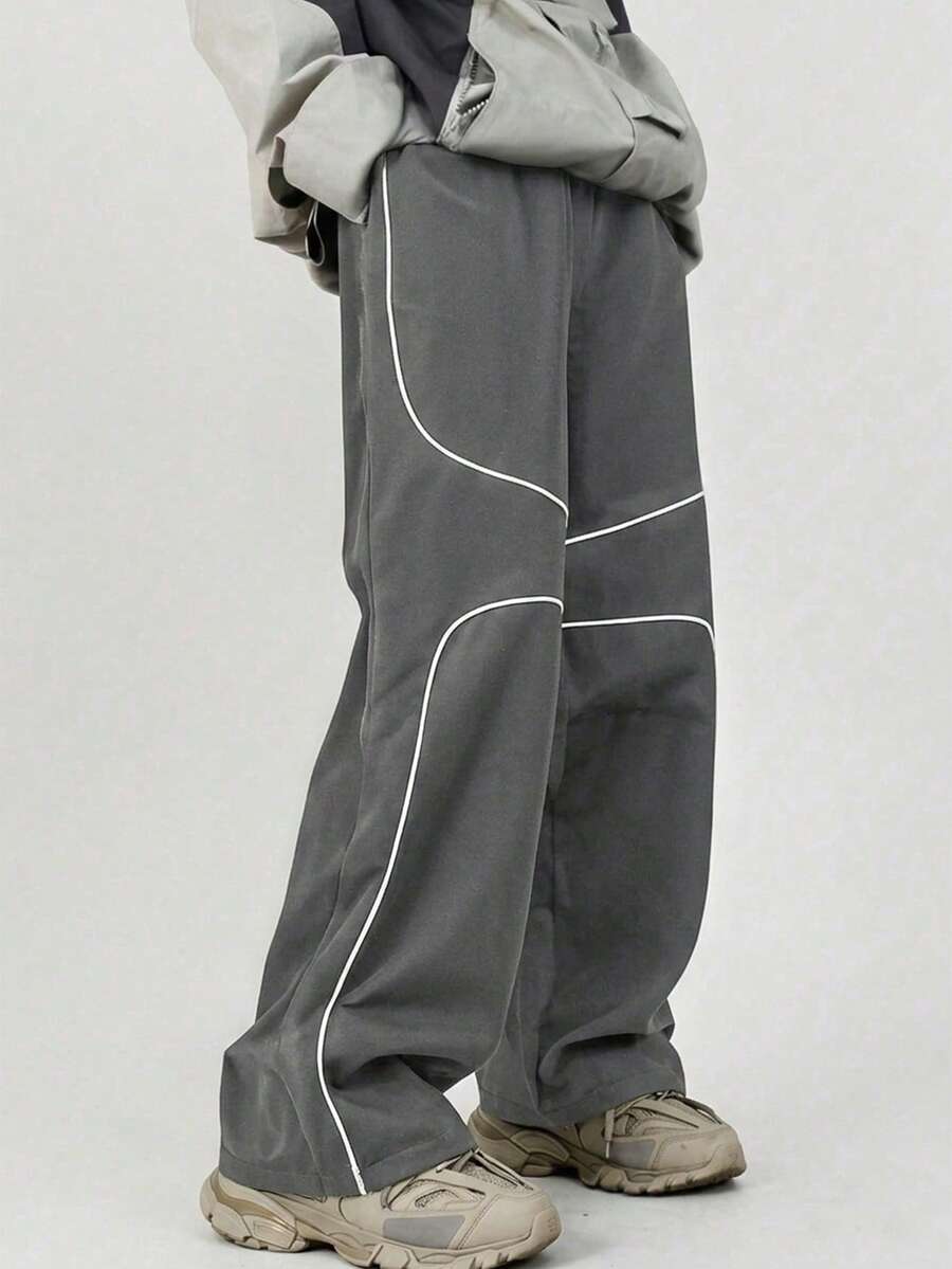 SHEIN Mirajuku 一件式青少年男童街头风都市风格撞色白色缝线细节宽松阔腿工装裤,带侧袋,舒适休闲时尚,适合日常穿着,街头潮流春秋季款 - 灰色 - 查看 1