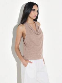 KSTM Áo tank top dệt kim không tay cổ yếm với đường viền cổ đổ, chất liệu lấp lánh, thích hợp cho trang phục thường ngày buổi tối. - Cà phê nâu - Xem 4