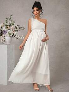 SHEIN Vestido de Maternidade Branco Elegante de Verão em Chiffon Sedoso para Convidada de Casamento com Ombro Assimétrico e Decoração de Penas, Roupa de Férias de Cor Sólida para Mulheres, Vestidos para Senhoras - Branco - Visão 4