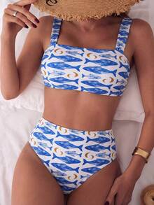 Swim Mod Conjunto de bikini de 2 piezas con parte superior de tirantes y shorts de cintura alta con estampado de color aleatorio para mujer, ideal para vacaciones en la playa - Multicolor 2 - Ver 10