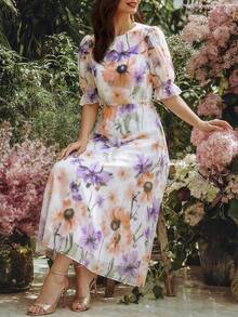 Balvessa French Print Loose Sleeve Elastic Cuff Waist Drape Flowy Dress For Women - Multicolor - View 5