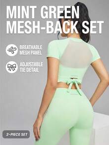 Innovista Women's Neon Green Solid Hollow-Out Design Short Sleeve Top And Leggings Tennis Outfit - Green - View 2