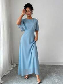 Modelyn 女士优雅圆领荷叶边喇叭袖修身飘逸雪纺长款连衣裙，春夏款 - 藍色 - 查看 4