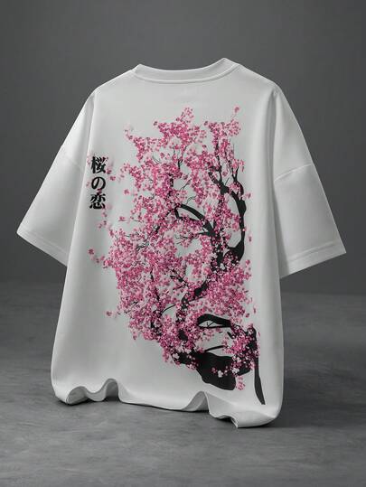 PAVTROS 超大渐变樱花泡沫印花日式印花男士宽松圆领短袖休闲T恤，大码图案T恤，街头风图案T恤，春夏款，Y2K风格，街头服饰，节日，度假，送男友礼物，派对，健身，复古风，外出，