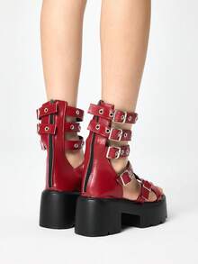 ROMWE Grunge Punk Giày sandal nữ phong cách Goth Rock Punk, hở mũi, quai da, đế cao, gót dày, thích hợp cho mùa hè, đi biển hoặc Halloween. - Đỏ - Xem 5