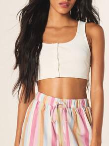 MISSGUIDED 女士罗纹文胸搭配粉彩条纹阔腿亚麻质感睡衣套装，家居两件套，夏季舒适睡衣。 - 彩色 - 查看 5