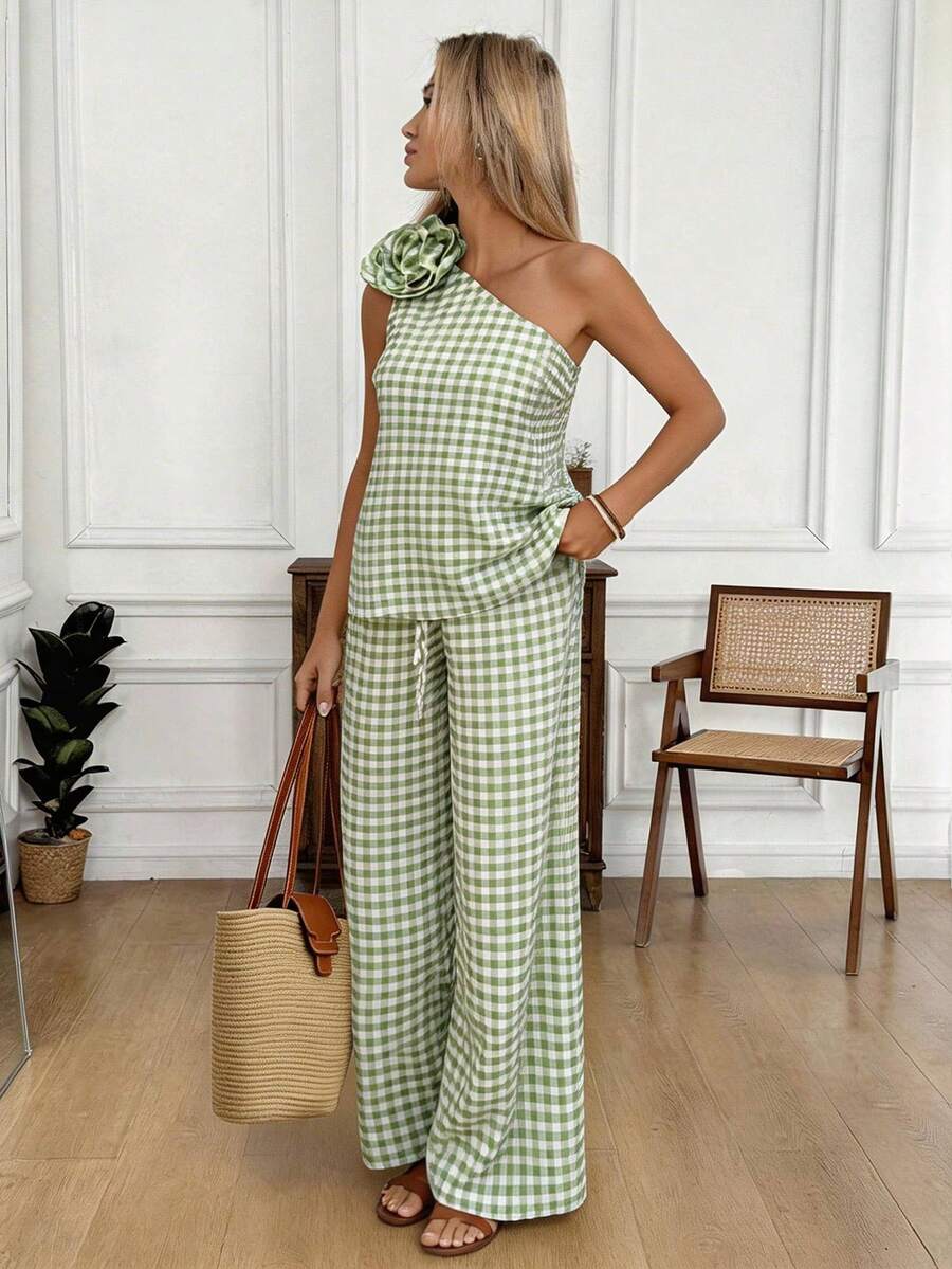 Easowa Bộ đồ mùa hè thường ngày họa tiết kẻ caro hoa lá, gồm áo lệch vai và quần ống rộng. - màu xanh lá - Xem 1