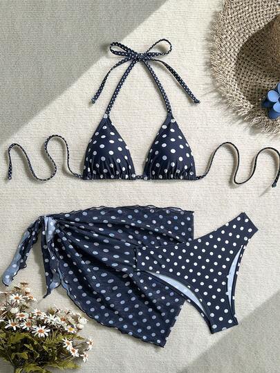 Swim Mod Conjunto de bikini de 3 piezas con estampado de lunares, escote halter y espalda con lazos, sexy para vacaciones en la playa