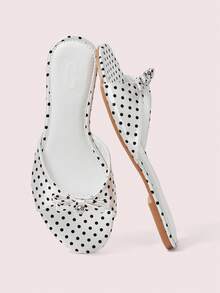 CUCCOO DOLLMOD Sandalias planas cómodas con lunares blancos para damas, sandalias planas de estilo dulce con lazo - Blanco - Ver 2