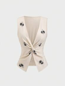 Sweetra Women's Y2K Sexy Twist Casual Commuter Top - Apricot - View 1