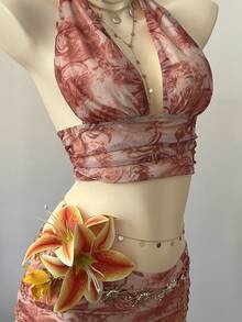 SuriyaCove Conjunto de 2 piezas con top halter sin espalda con estampado total y falda plisada para mujer - Albaricoque - Ver 6