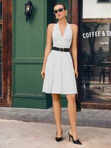 Opuloom Vestido elegante de mujer con lunares, cuello en V, sin mangas, cintura ceñida, para uso casual, de oficina, citas, fiestas y cenas, vestido de lunares para primavera/verano, vestido de lunares francés para mujer, vestido de lunares blanco vintage, vestido retro para mujer, vestido de verano elegante con lunares blancos, vestido de lunares - Multicolor - Ver 1
