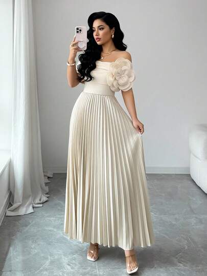 Modelyn Women's Pleated Off Shoulder Dress With 3D Floral Decor, Waist Cinched, Flared Maxi Skirt, Elegant & Romantic Evening Gown
