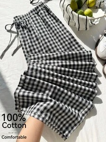Comfortcana Plus Size Women Waist Tie Plaid Wide Leg Loose Casual Pants - Black and White - View 1