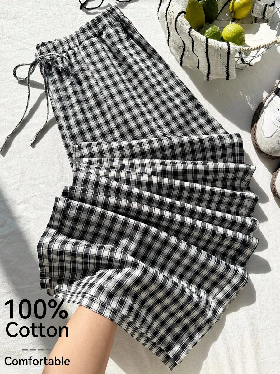 Comfortcana Plus Size Women Waist Tie Plaid Wide Leg Loose Casual Pants - Black and White - View 1