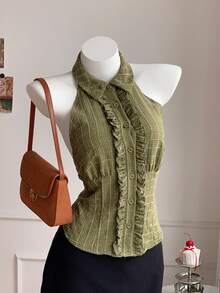 Comfortcana 女士格子荷叶边单排扣吊带衬衫，新年女装，波点绿色连衣裙 - 軍綠色 - 查看 6