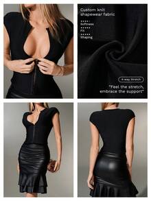 Nuvra Women's Casual U-Neck Front Button Short Sleeve Knit Belted Crop Top - Black - View 3