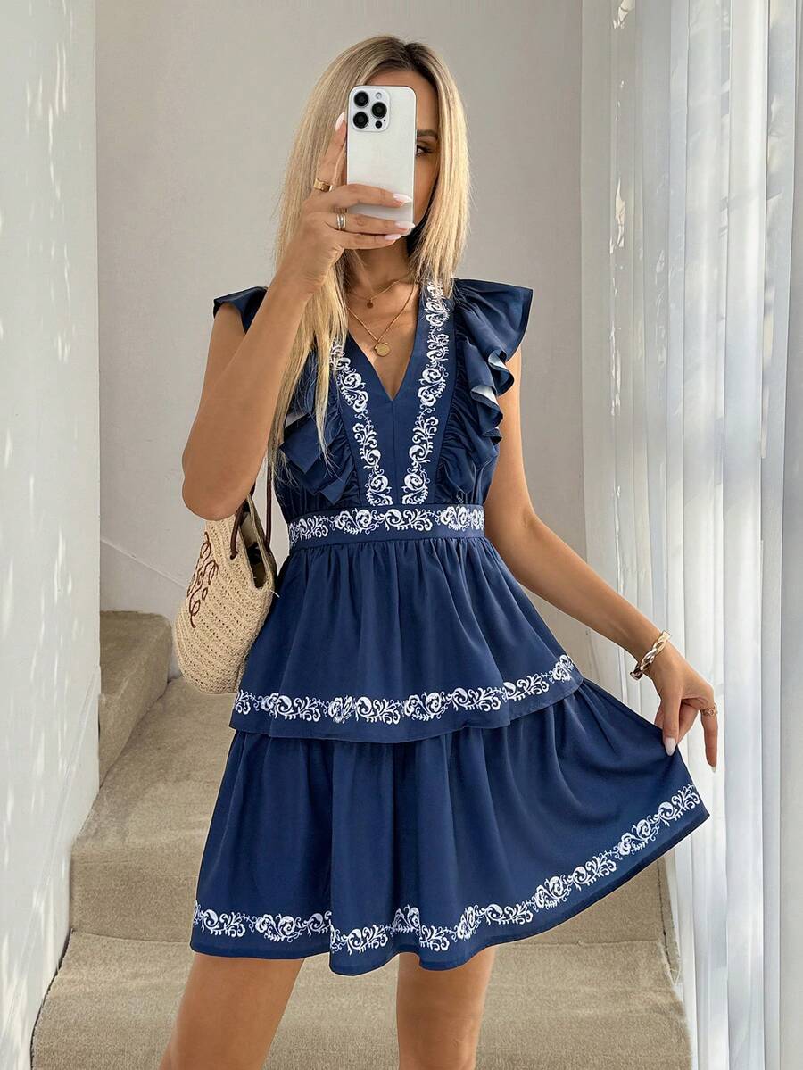 Easowa 女士碎花荷叶边下摆休闲迷你连衣裙 - 藏蓝色 - 查看 1