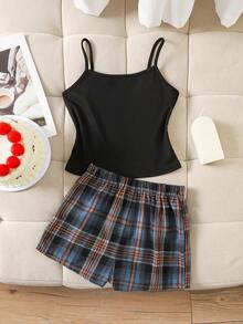 SHEIN Tween Girl Casual Ribbed Camisole & Plaid Shorts 2 Pieces Pajama Set, Comfortable Loungewear - Black - View 6