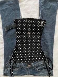 Sparklyn Summer Tween Girls Polka Dot Print Tube Top Polka Dot Tops Squishy Tops  Summer Tops - Black - View 1