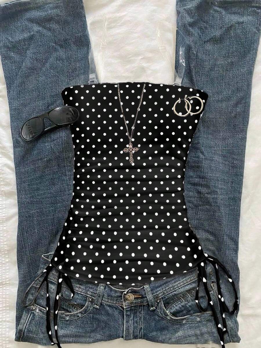 Sparklyn Summer Tween Girls Polka Dot Print Tube Top Polka Dot Tops Squishy Tops Summer Tops - Black - View 1