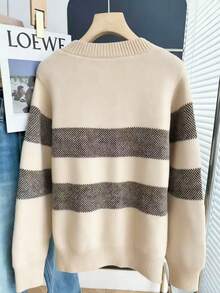 Resyla Áo len nữ dài tay cổ tròn tối giản phối màu tương phản - Màu be - Xem 2