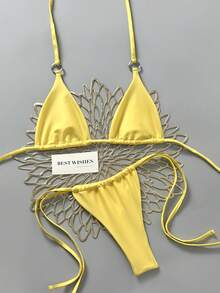 Swim SXY Conjunto de bikini con accesorio de anillo circular en el cuello y lazo lateral - Amarillo - Ver 5