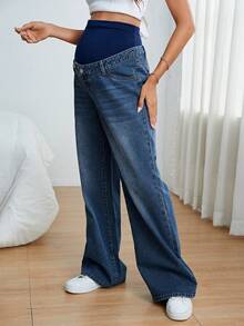 SHEIN Quần jean denim dáng rộng thoải mái cho bà bầu, thích hợp mặc hàng ngày. - Rửa trung bình - Xem 4