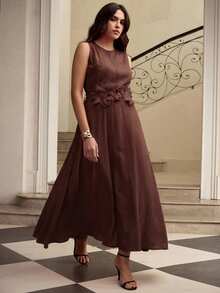 ZEYLAH Spring/Summer Sleeveless Round Neck Linen Dress With 3D Floral Decor - Coffee Brown - View 5