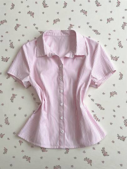 FavEase White & Pink Striped Cotton Shirt, Collared, Button Front, Waist Cinched, Short Sleeve Blouse For Women, Spring/Summer , Versatile For Office, School, Graduation, Dates, Everyday Wear