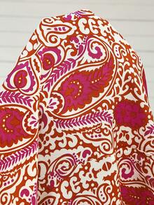 SHEIN LUNE Women's Casual Vacation Bohemian Printed V-Neck Petal Sleeve Patchwork Ruffle Hem Short Dress, Spring/Summer - Red - View 3