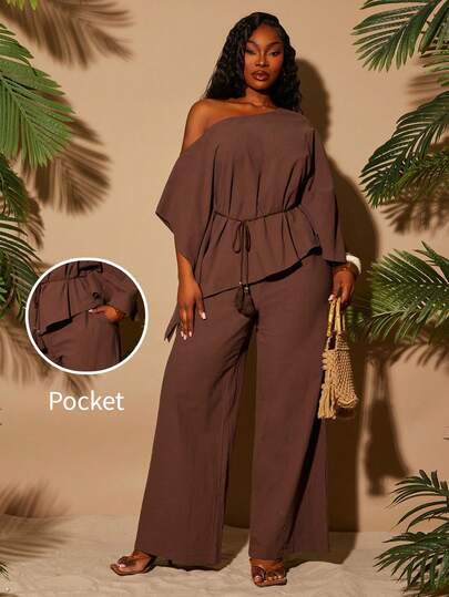Radiana Plus Size Women's Casual Elegant 2-Piece Set: Asymmetric Cold-Shoulder Top + Matching Pants, Suitable For Everyday Wear, Music Festival, Versatile, Coachella, BOHO, Bohemian, Outing, Resort, Beach Vacation, Holiday, Seaside, Western Wear, Concert, Carnival Party, Richly Layered, Date Night, Ibiza, Nashville, Break, Modest, Chic, Club, Cute, Casual, Shopping, Streetwear, Going Out, Easy To Match & Looks Slim, Accent Your Body, Flatter The Figure