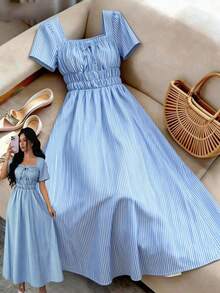 Elenzga Nuevo vestido de mujer para primavera/verano con volantes, cuello cuadrado, lazo delantero, cintura elástica con pliegues a rayas, bajo acampanado, forrado, largo - Azul y blanco - Ver 7