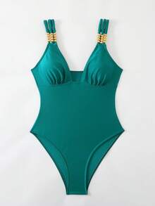 Swim Chiccia Women's Autumn New Solid Color Spaghetti Strap Pearl One-Piece Swimsuit, Sexy Elegant Resort Avant-Garde Minimalist Party Christmas One-Piece Swimsuit - Teal Blue - View 4