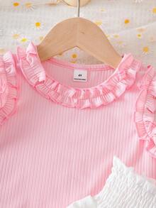 Elladie kids 小女孩休闲可爱荷叶边吊带背心搭配拼布蛋糕裙，手工3D粉色蝴蝶结装饰套装 - 粉色 - 查看 9