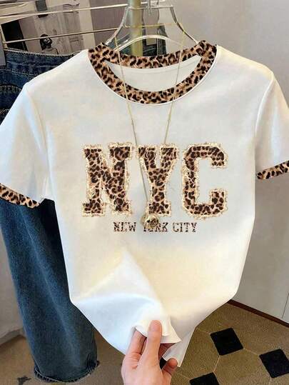 EMERY ROSE Leopard Slogan Classic Versatile Fashionable Y2K Graphic T-Shirt, Women's Casual Round Neck Short Sleeve Simple T-Shirt, Summer Outfits For Women, Vacation Outfits, Beach Outfits For Women